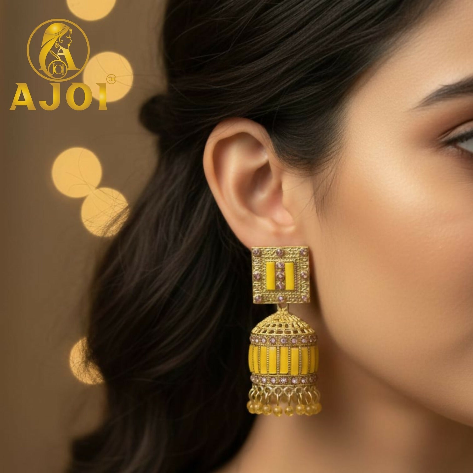 Mustard Yellow Designer Jhumka Earrings – Elegant Stone Detailing