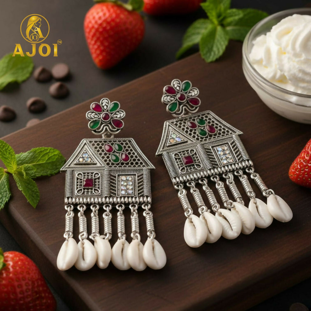 Oxidized Silver House Earrings – Multicolor Stones & Shell Danglers