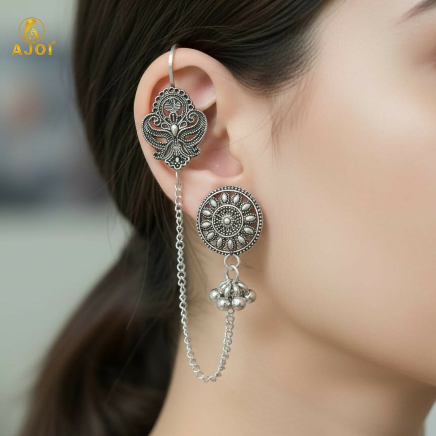 Oxidized Silver Ethnic Chain Drop Earrings – Tribal Indo-Boho Style