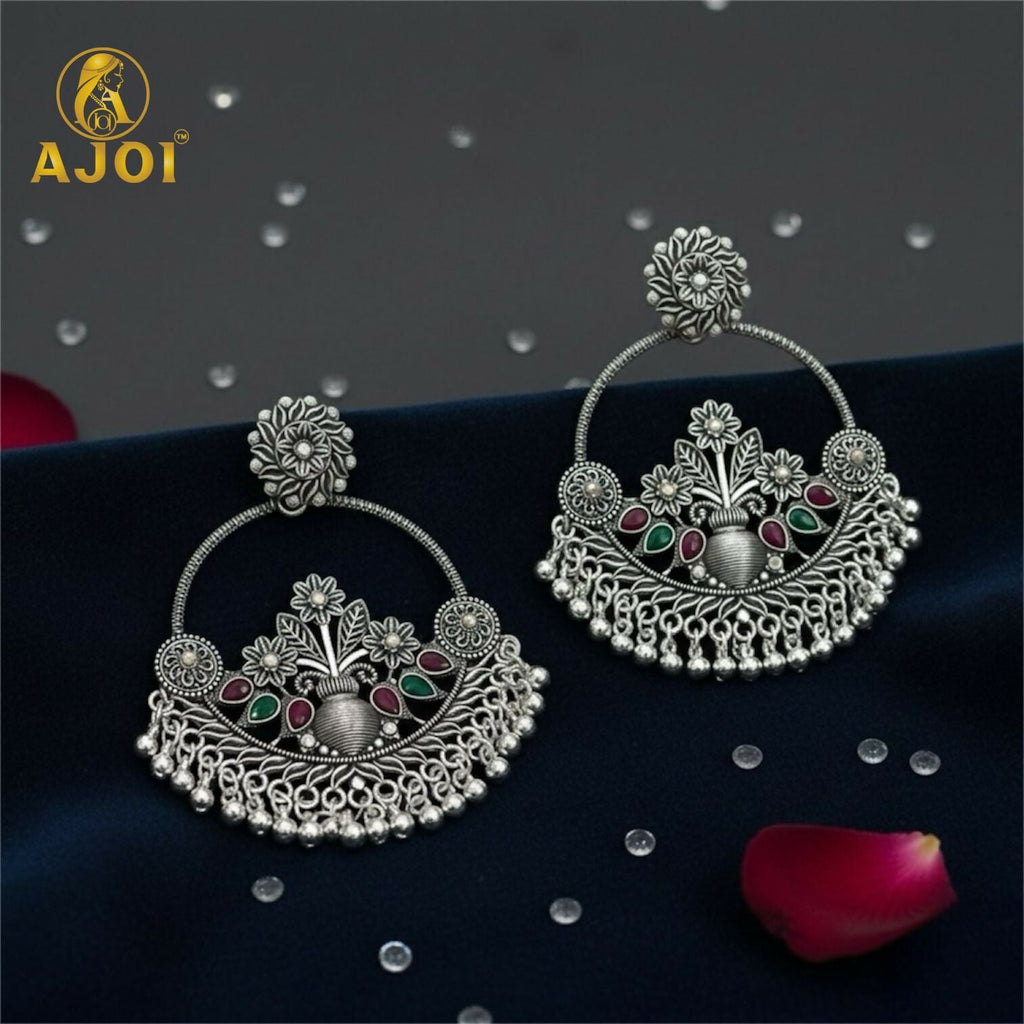 Oxidised Silver Chandbali Earrings – Floral Design with Color Stones