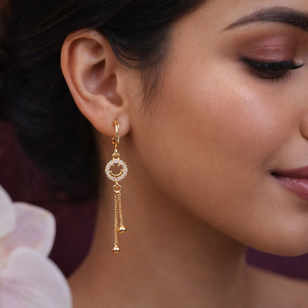 Gold-Tone Smiley Crystal Tassel Drop Earrings – Elegant Dangle Style