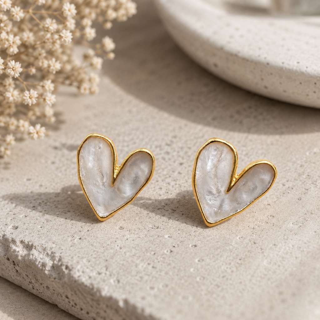 Pearl Heart Stud Earrings – Elegant Gold-Toned Jewelry for Women