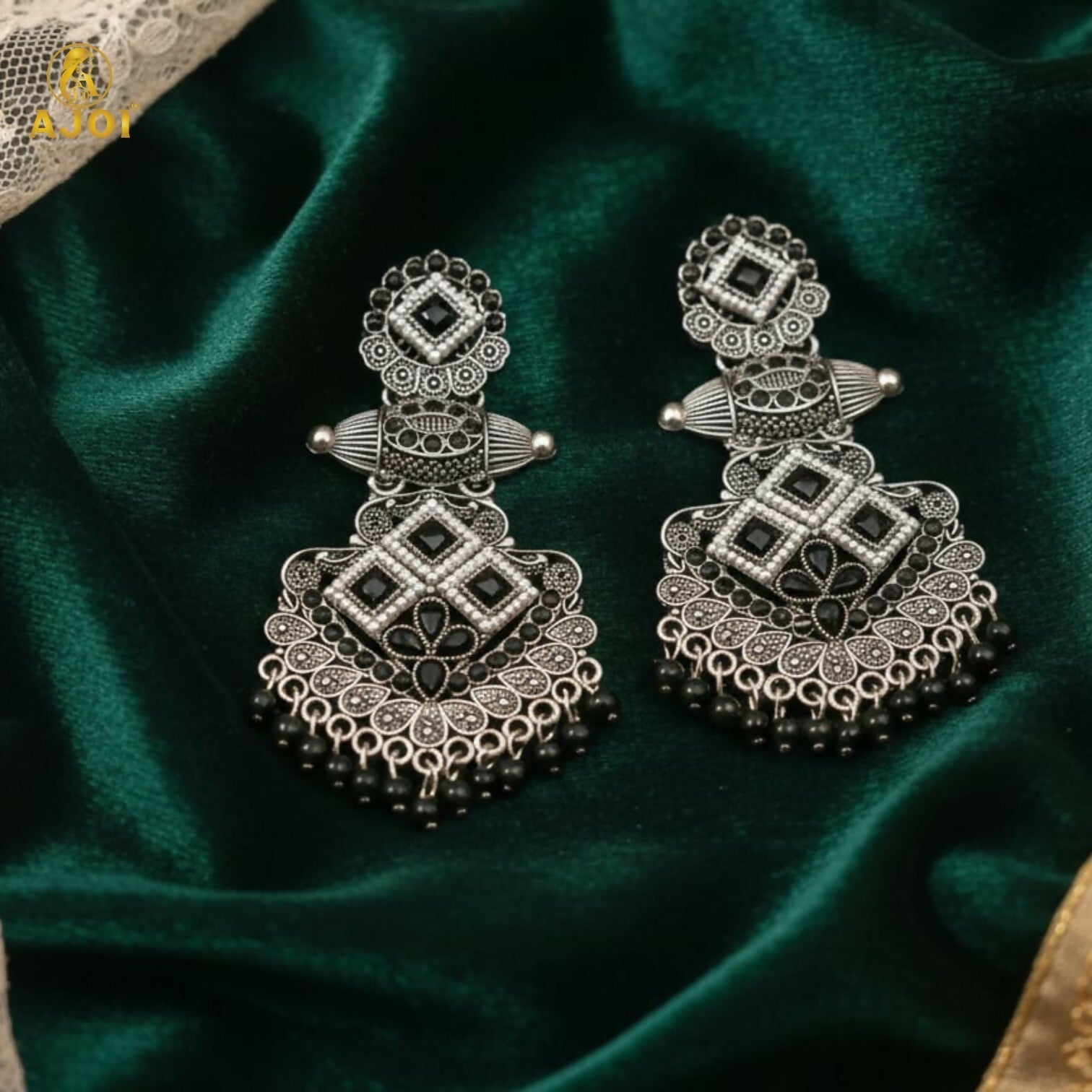 Oxidized Silver Chandbali Earrings – Elegant Black Stone Design