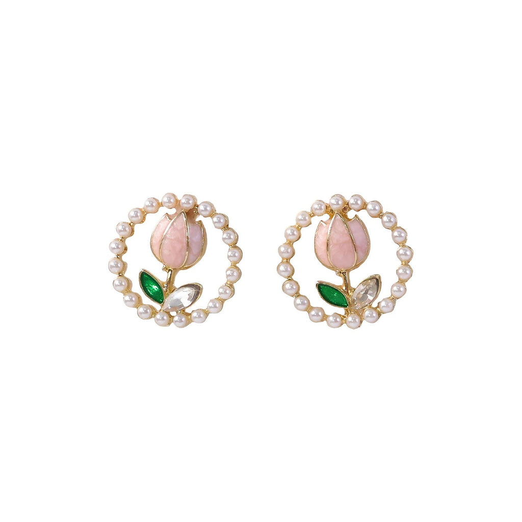 Korean Pearl Floral Stud Earrings – Elegant Rose Design