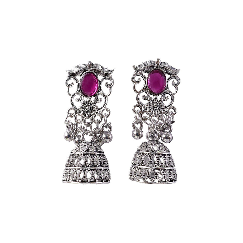 German Silver Jhumka Earrings – Red Monalisa Stones & Vintage Charm