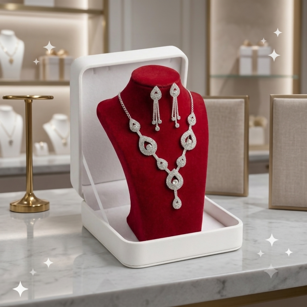 Elegant Silver Plated American Diamond Choker Necklace and Earrings Set for Women and Girls
