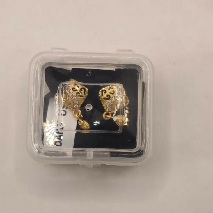 Gold Plated Rhombus Drop Earrings – Intricate Filigree & AD Stones