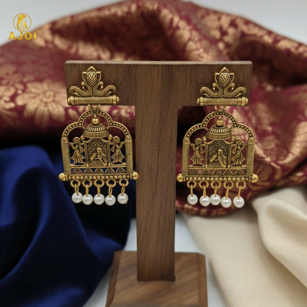 Royal Doli Motif Temple Earrings – Gold-Tone with Pearl Danglers