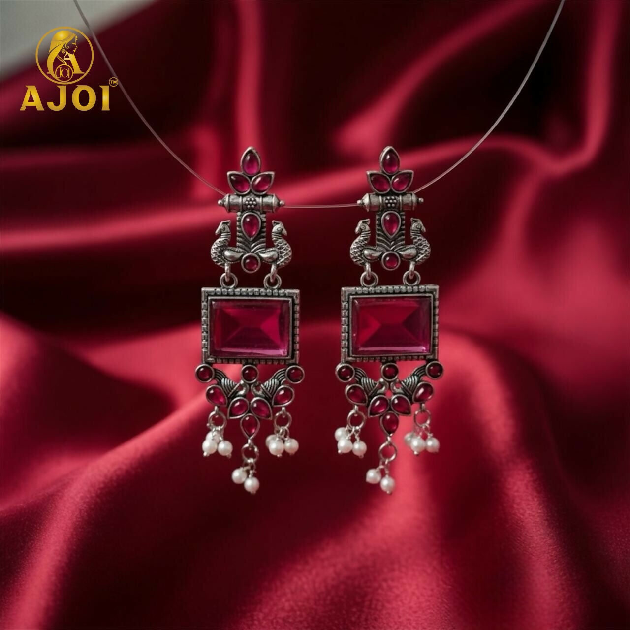 Antique Silver Earrings with Pink Square Beads and Pearl Danglers