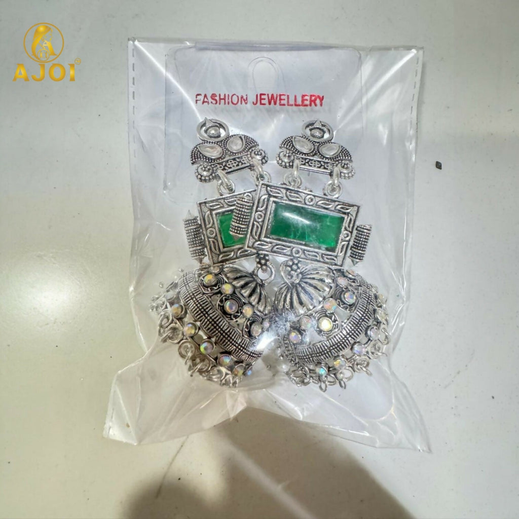 Oxidized Silver Jhumka Earrings – Deep Green Stone & Pearl Drops