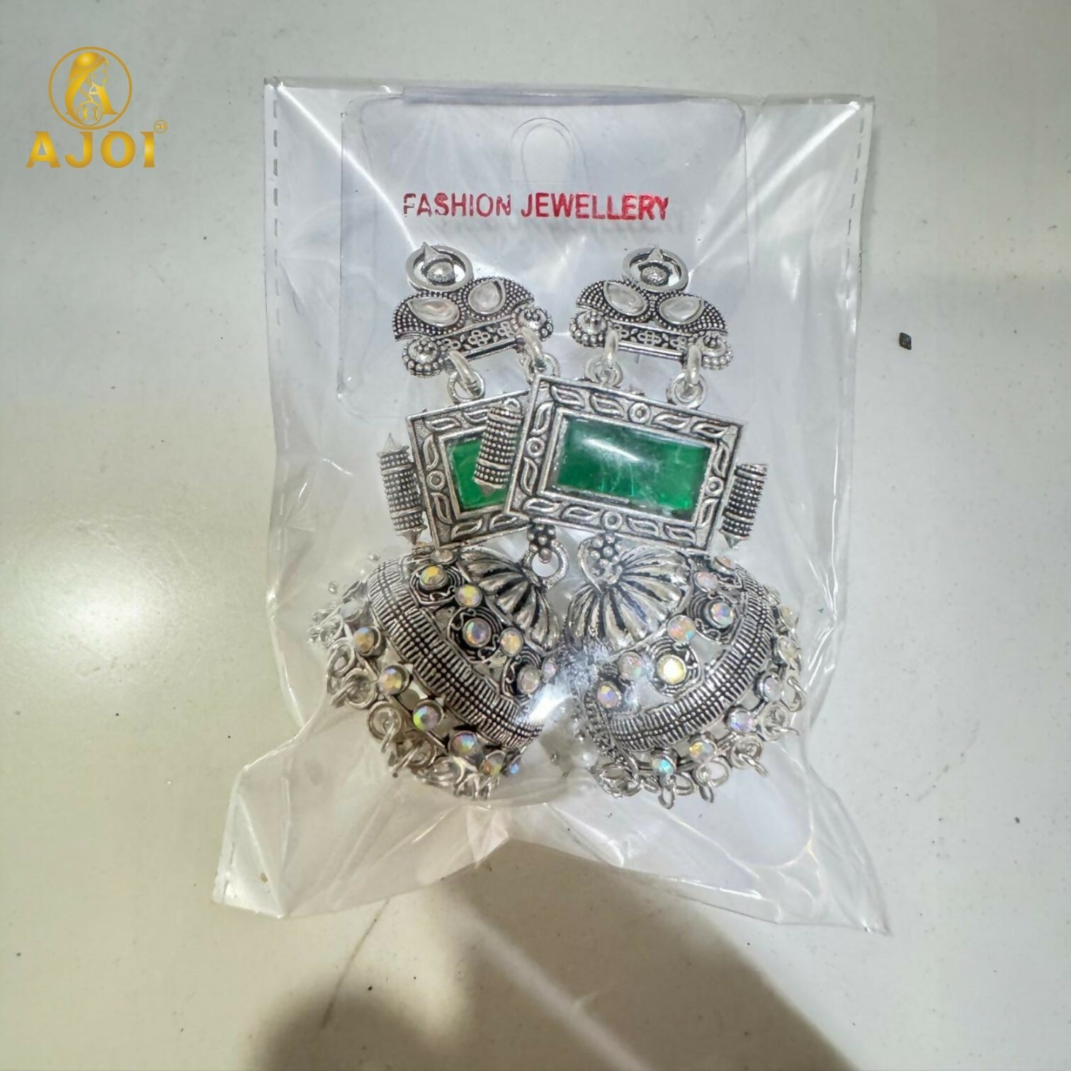 Oxidized Silver Jhumka Earrings – Deep Green Stone & Pearl Drops