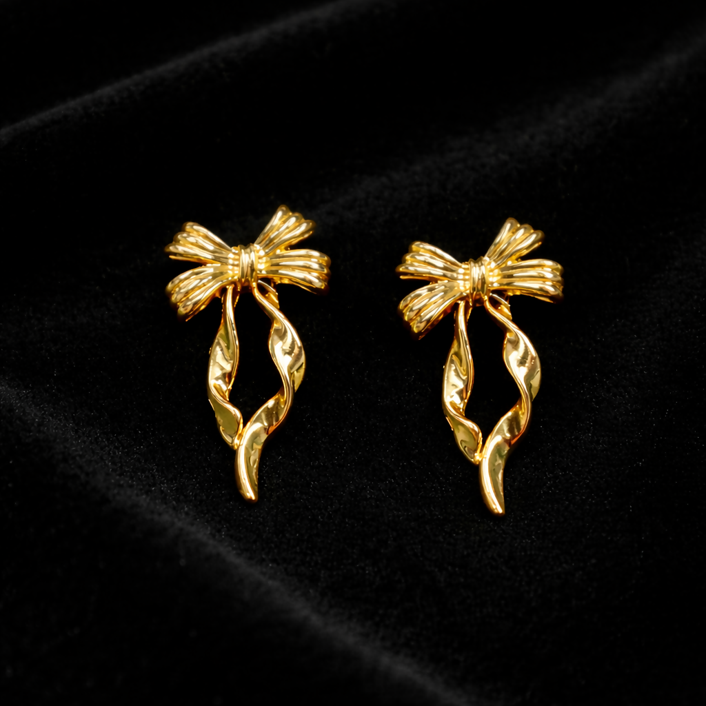 Gold Bow Drop Earrings – Elegant Party Wear for Women