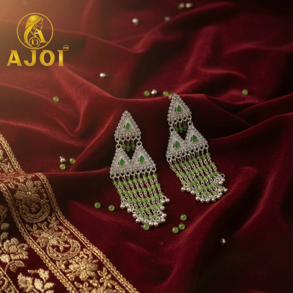 Emerald Drop Silver Statement Earrings – Elegant Beaded Tassels