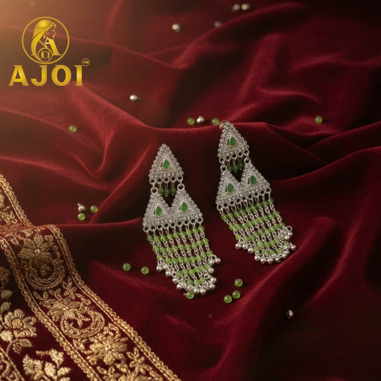 Emerald Drop Silver Statement Earrings – Elegant Beaded Tassels