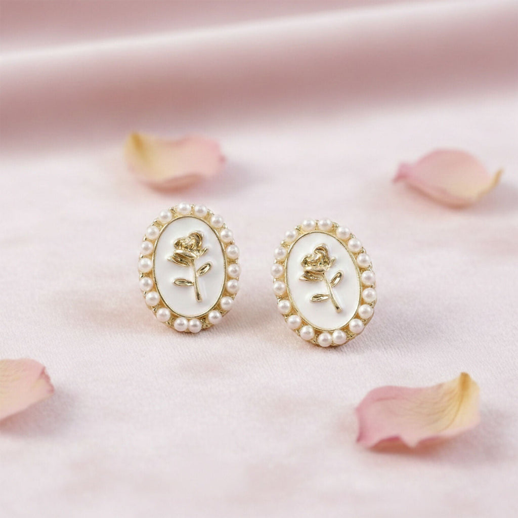 Pearl Stud Earrings – Elegant Gold Plated Rose Design for Women