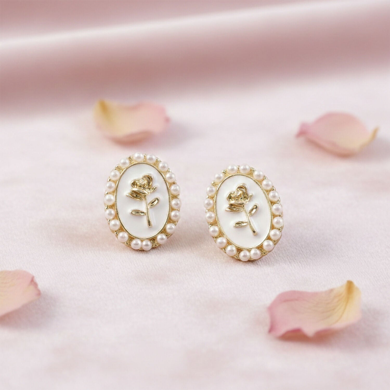 Pearl Stud Earrings – Elegant Gold Plated Rose Design for Women