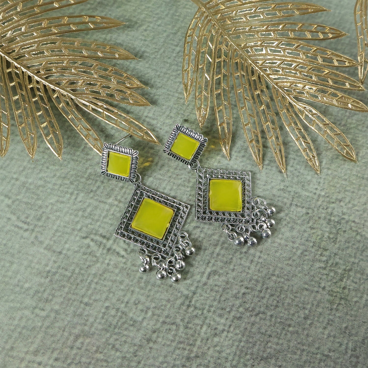 Oxidised Dangler Earrings – Traditional Indian Yellow Monalisa Stones