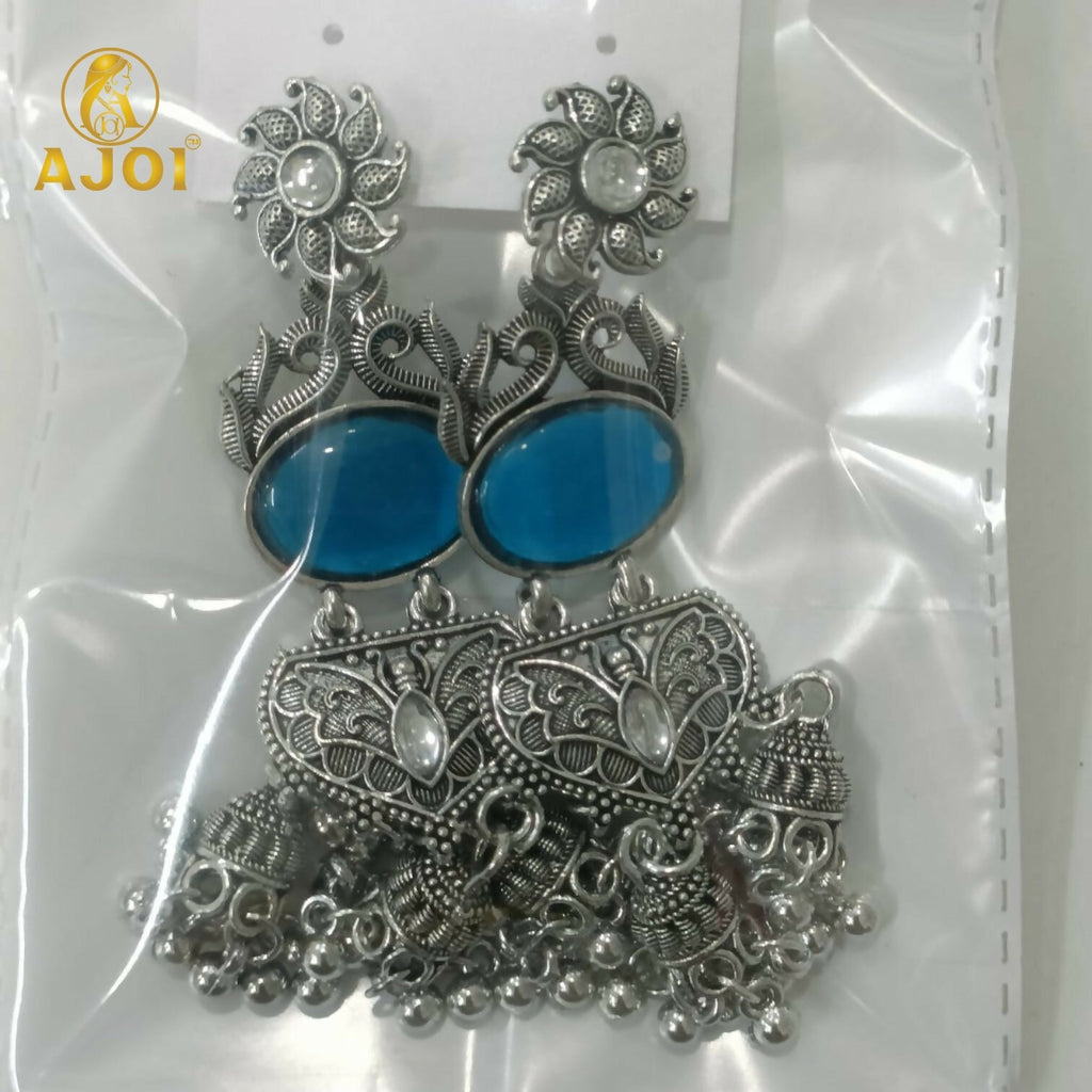 Oxidized Silver Turquoise Jhumka Earrings – Intricate Filigree Design