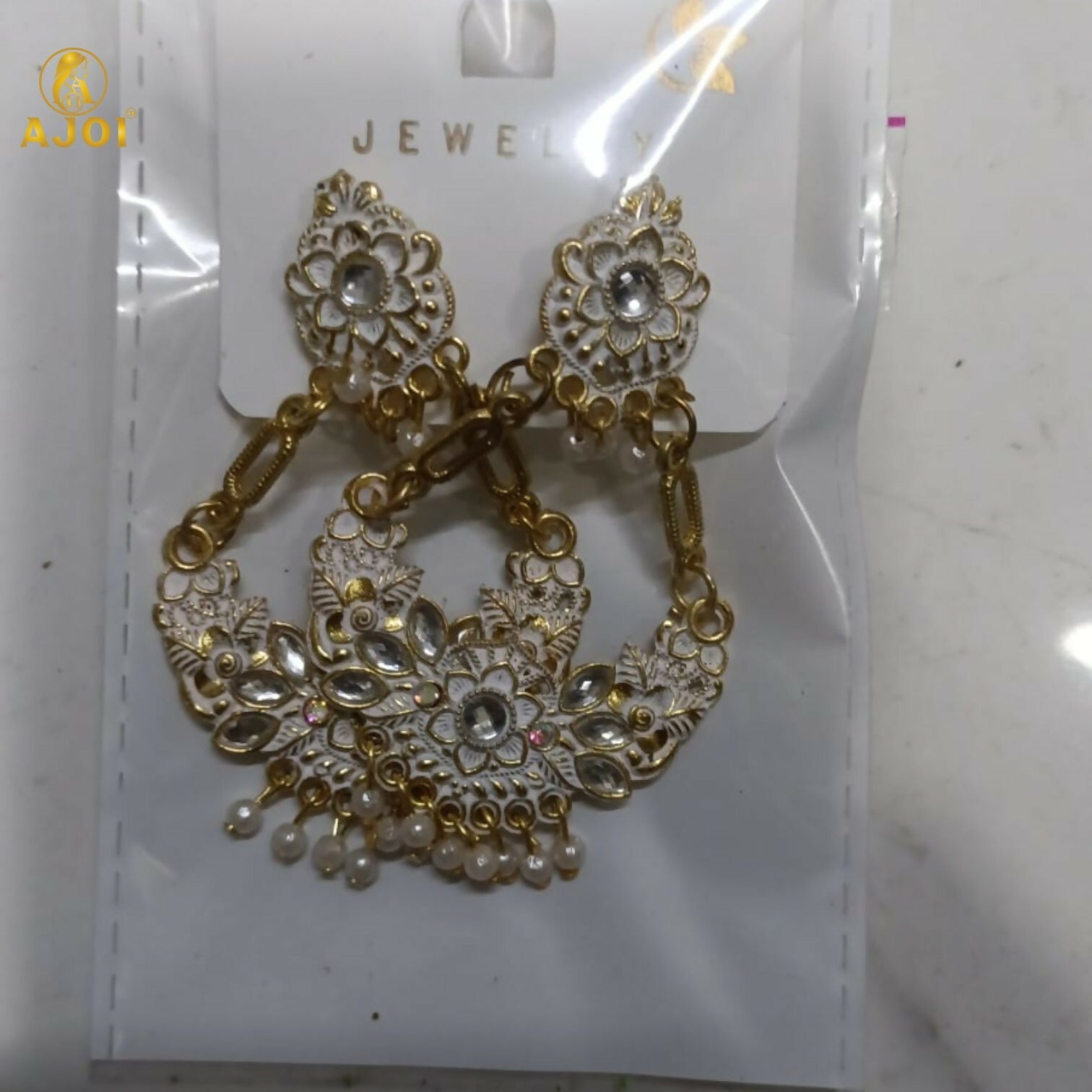 Chandbali Earrings – Antique Gold with White Stones & Pearls