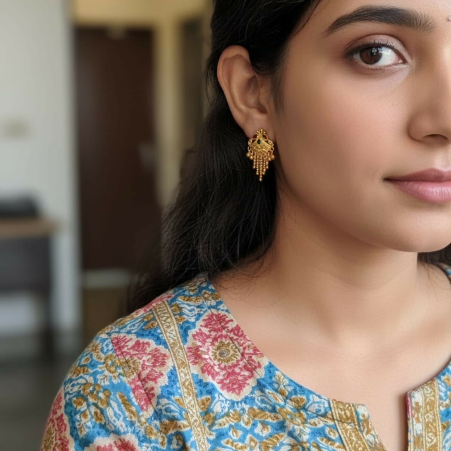 Gold-Plated Jhumka Earrings – Elegant Mina Work & Bell Drop
