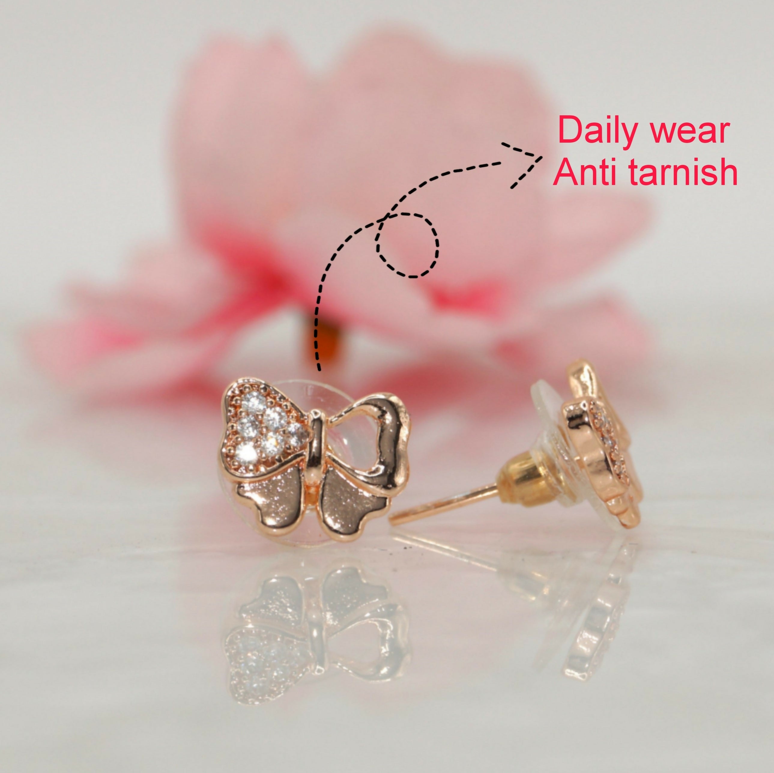 Rose Gold Plated Bowknot Stud Earrings with AD Diamond Accent – Elegant Charm