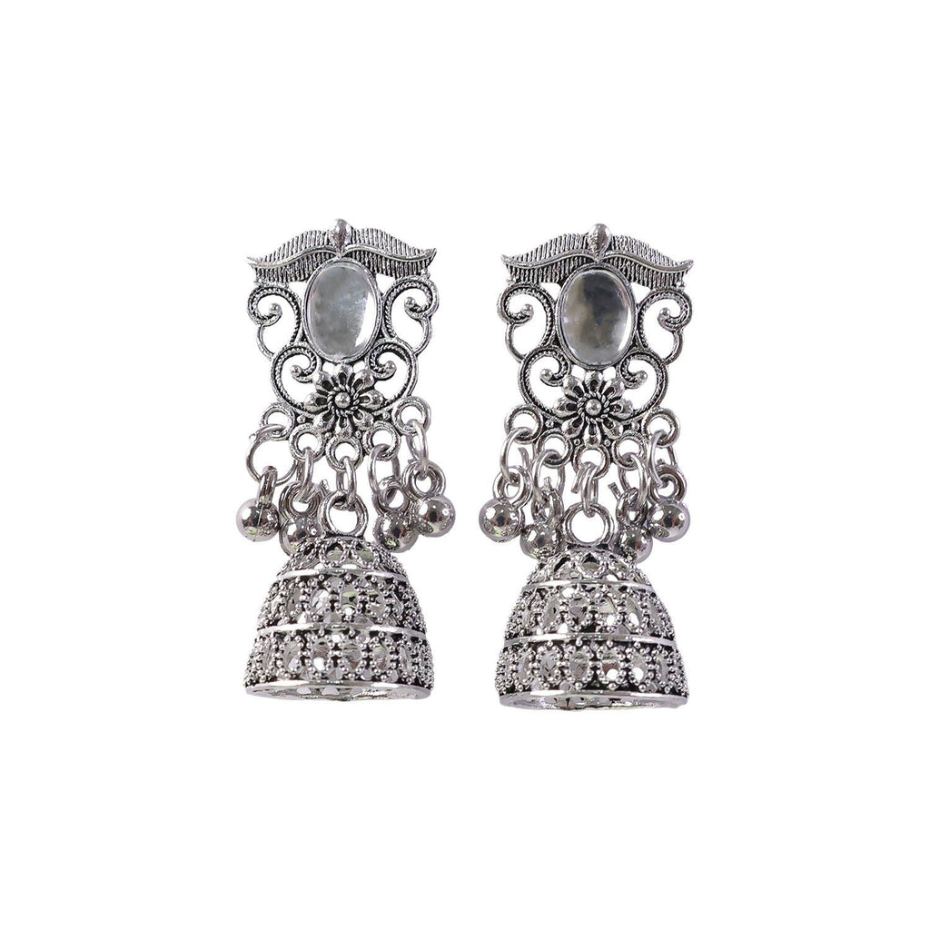 German Silver Jhumka Earrings – Traditional Oxidized Finish with Monalisa Stones