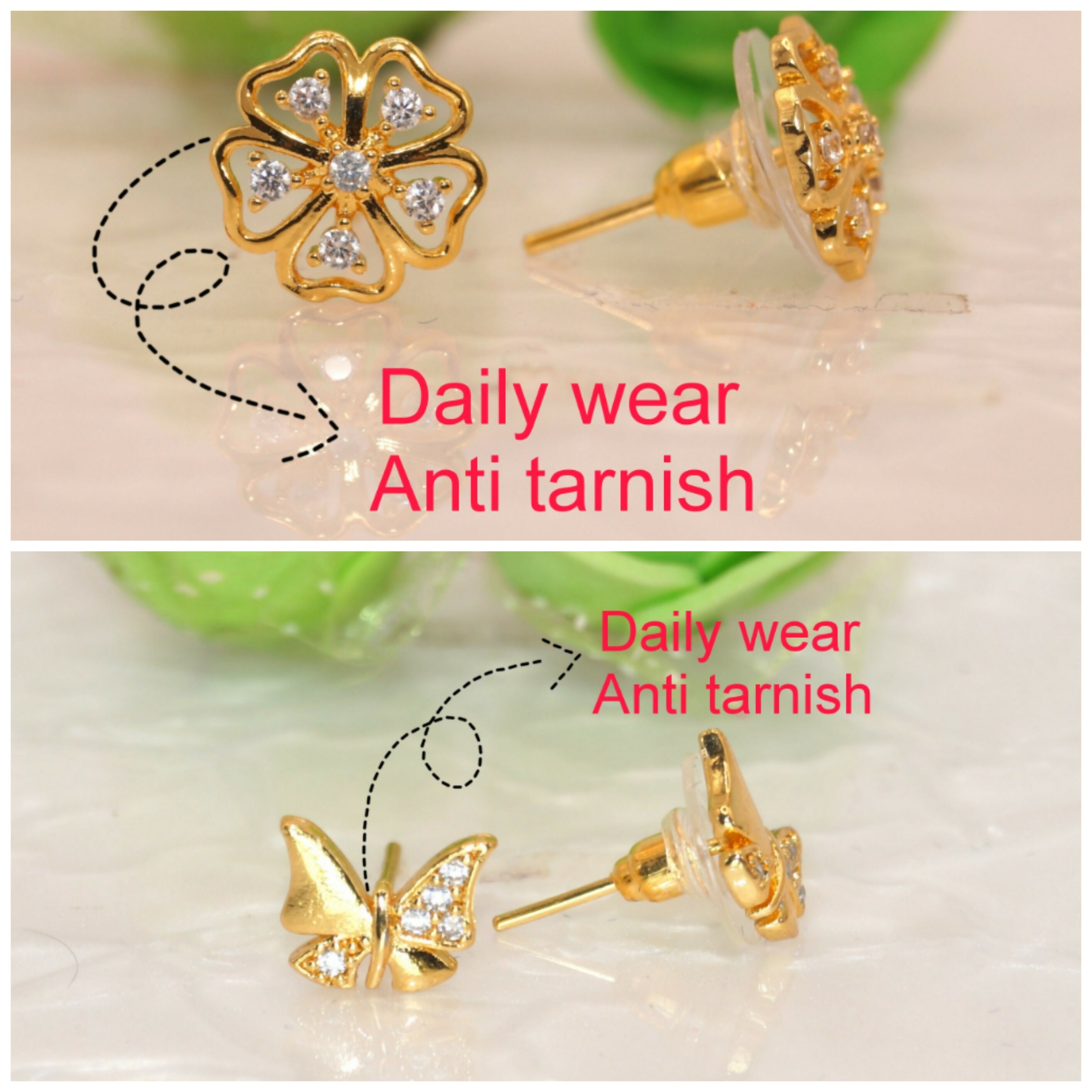 Gold Flower & Butterfly Stud Earrings – Elegant Combo Pack of 2