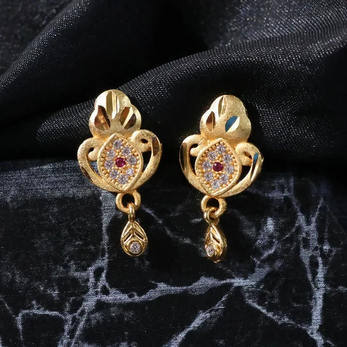 Gold Stud Earrings with Ethnic Floral Motif and Elegant Drop