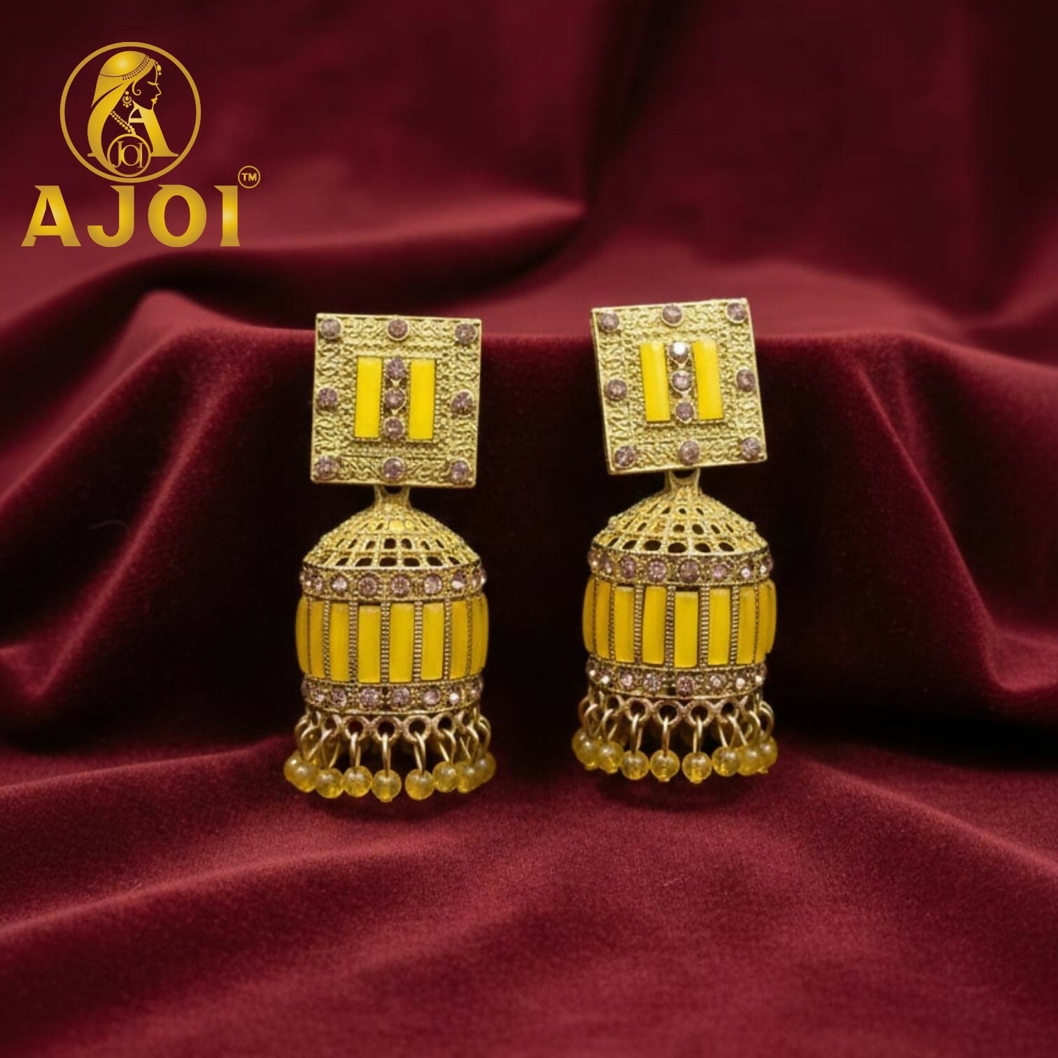 Mustard Yellow Designer Jhumka Earrings – Elegant Stone Detailing