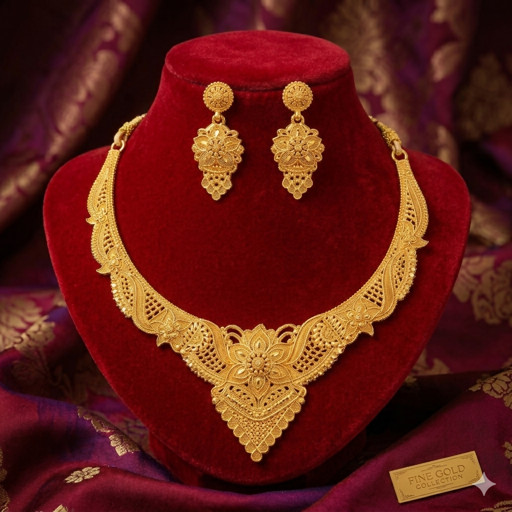 Gold-Tone Floral Necklace with Matching Earrings for Wedding & Festive Wear