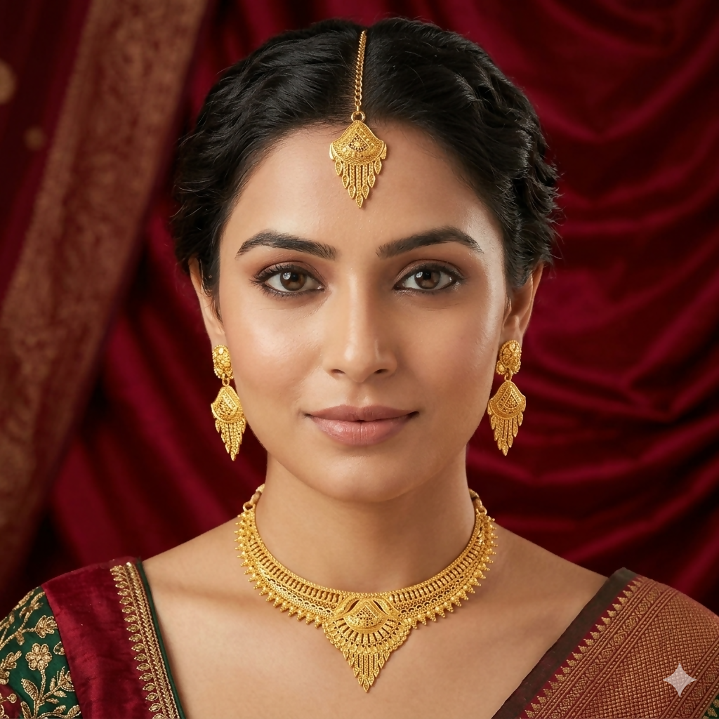 Elegant Gold-Tone Necklace Set with Leaf Pendant, Earrings and Maang Tikka for Women