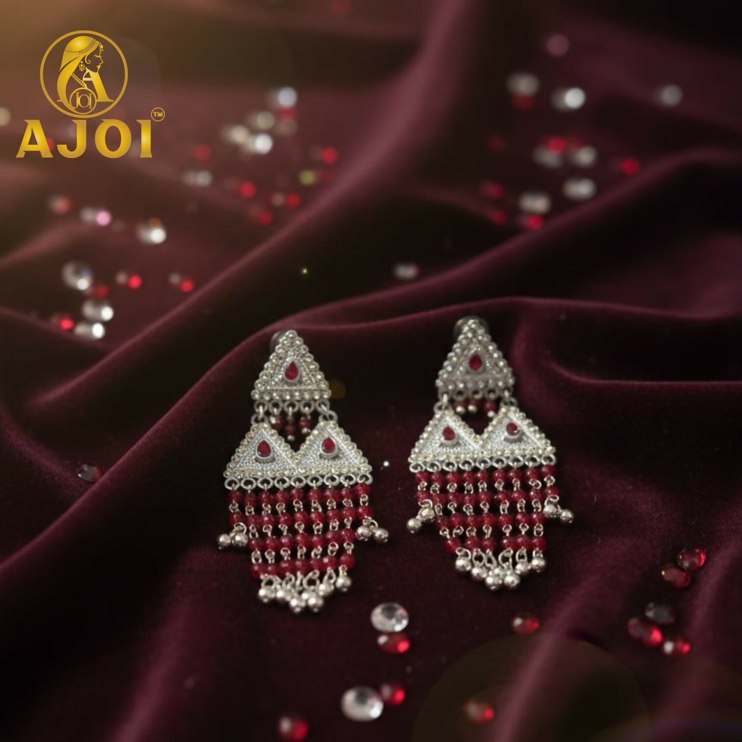 Ruby Red Designer Earrings – Layered Drop with Stone Detailing