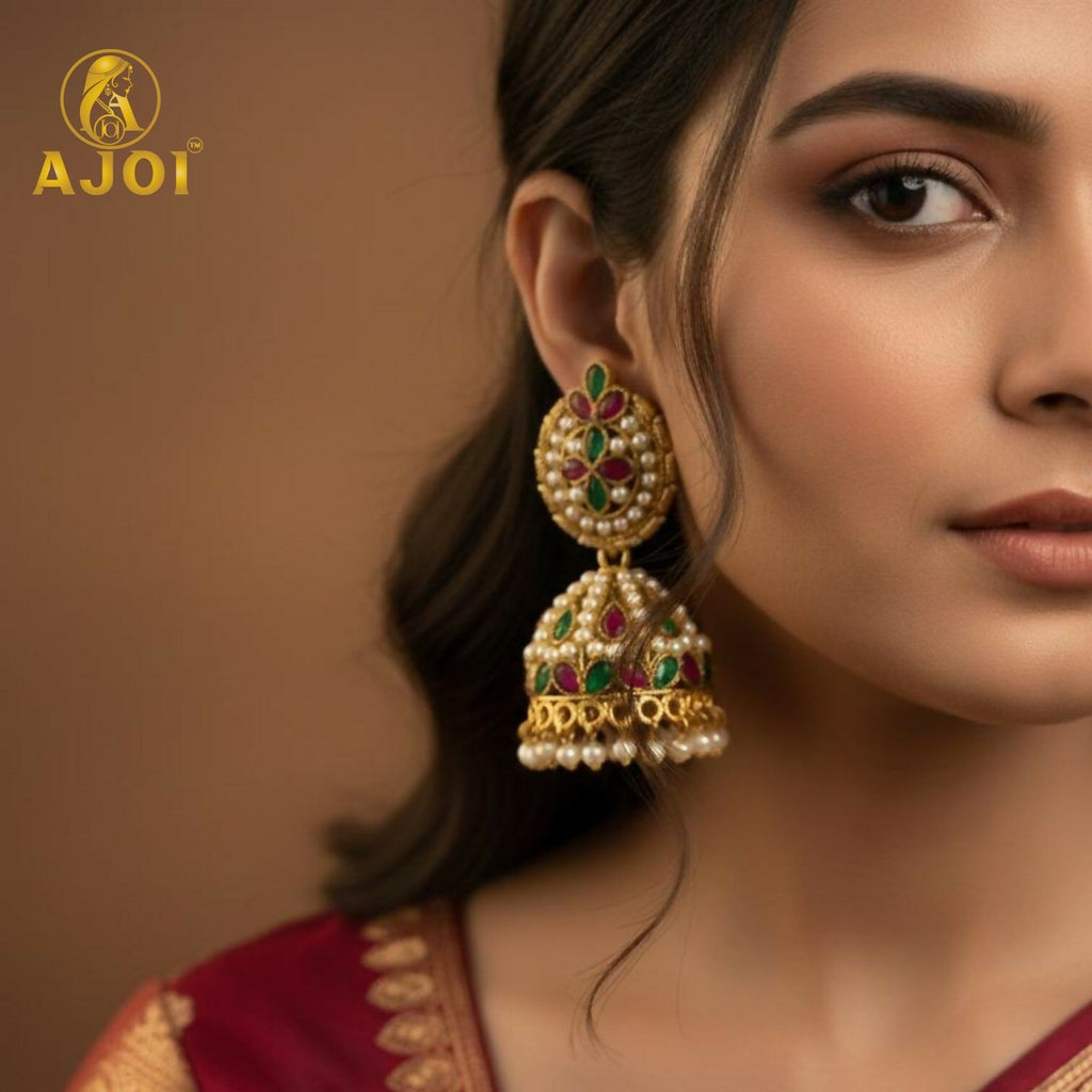 Traditional Kundan Jhumka Earrings – Handcrafted Ruby Emerald Bridal Jewelry