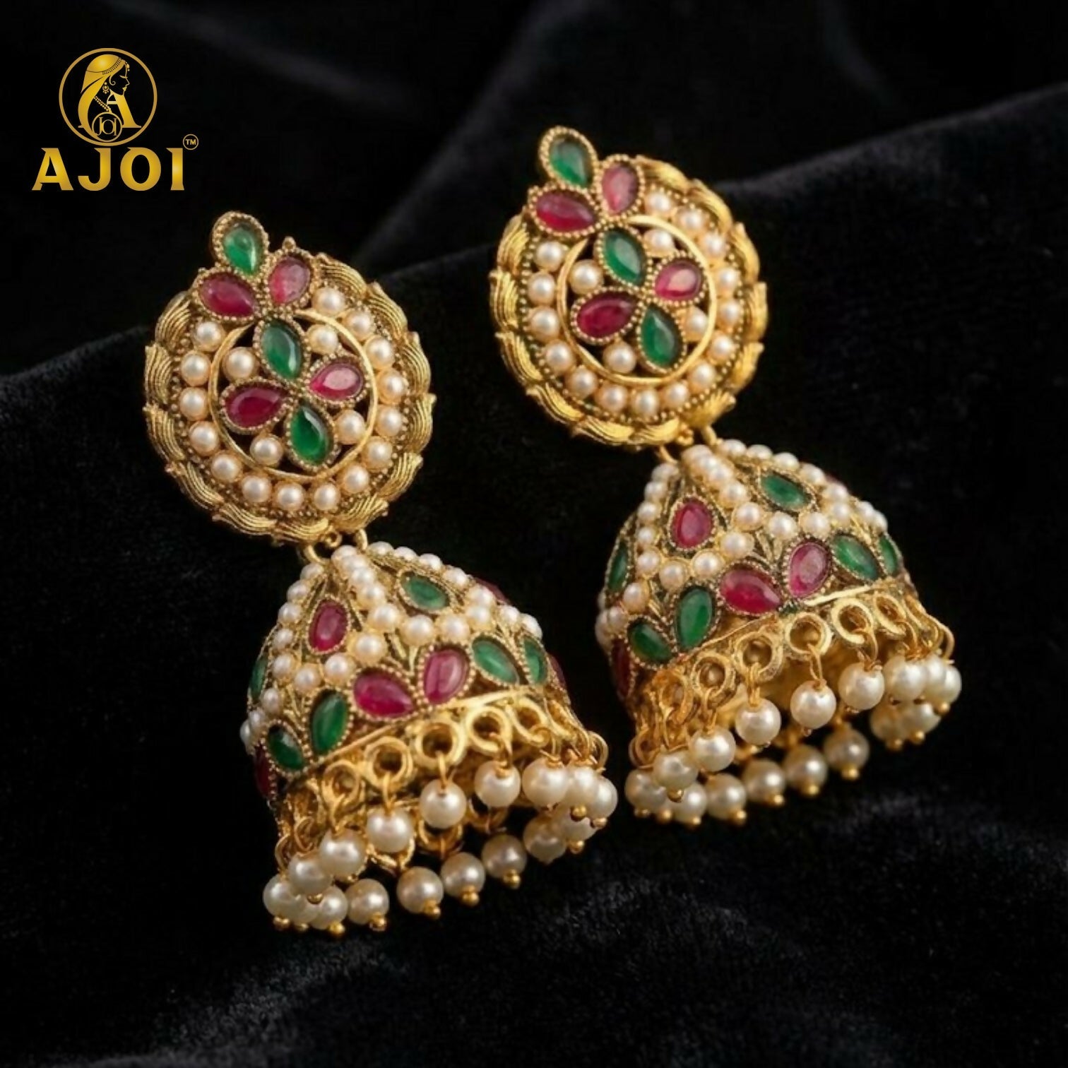 Traditional Kundan Jhumka Earrings – Handcrafted Ruby Emerald Bridal Jewelry
