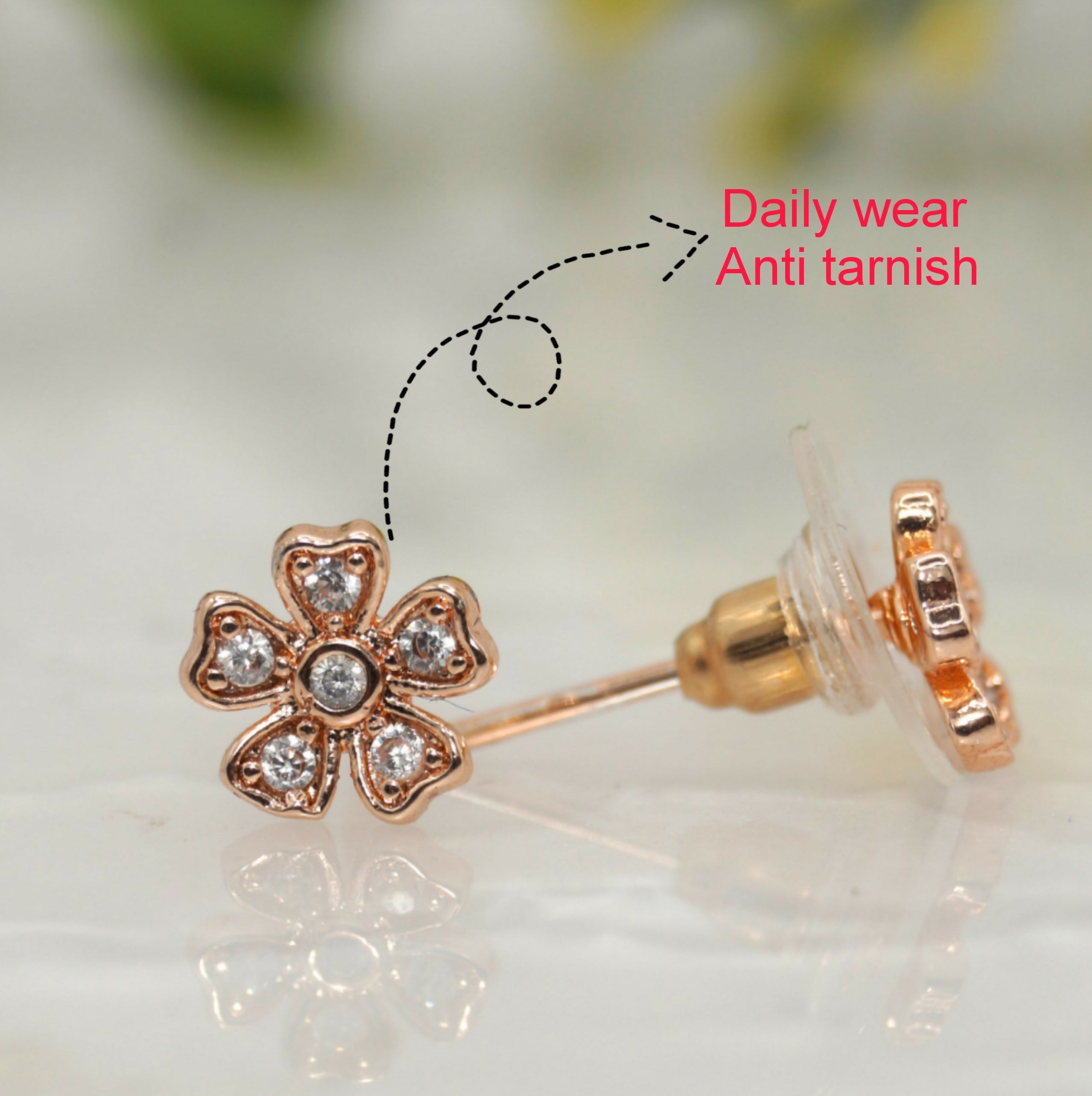 Rose Gold Flower Stud Earrings – Sparkling Cubic Zirconia Bloom