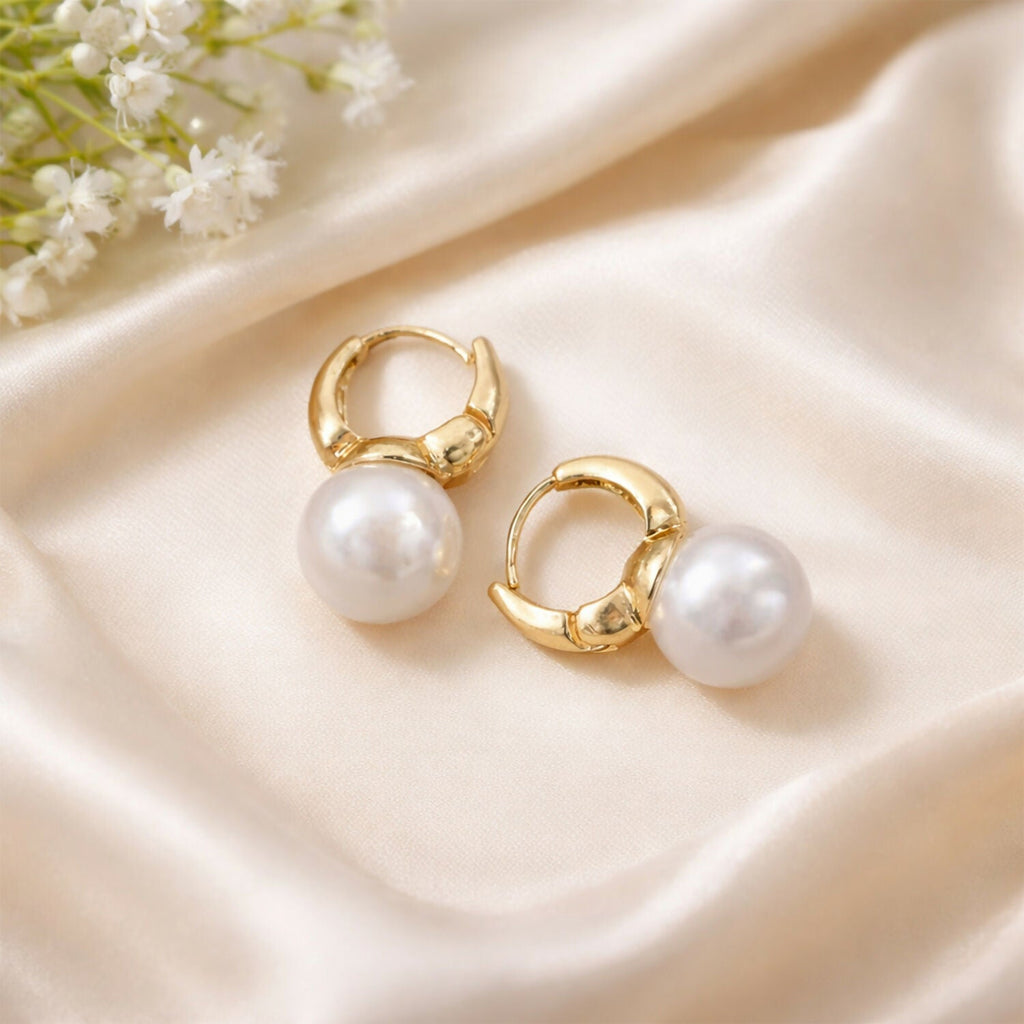 Pearl Huggie Hoop Earrings – Rose-Tinted Gold Plated Design