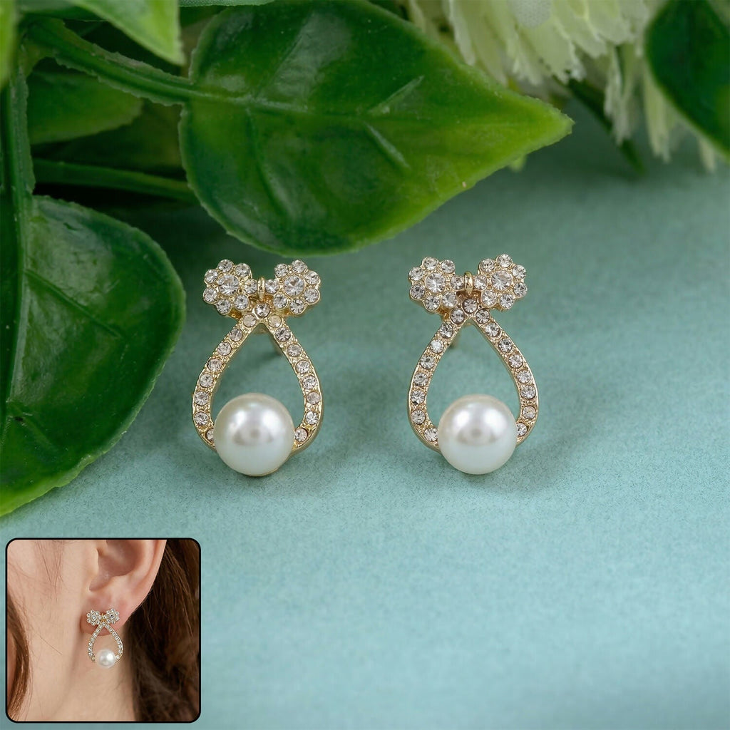 Pearl Drop Stud Earrings – Korean Crystal Bow Design for Women