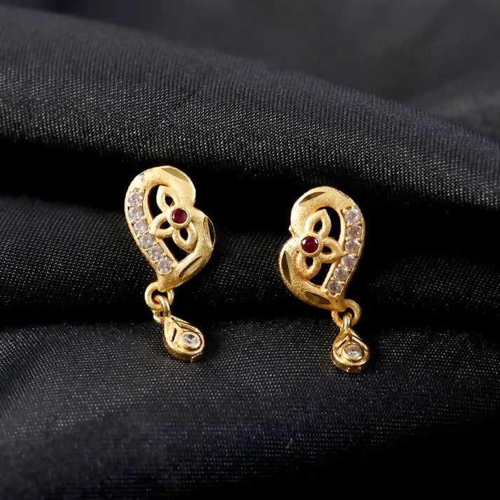 Gold Stud Earrings with Leaf Pattern and Embedded Stones
