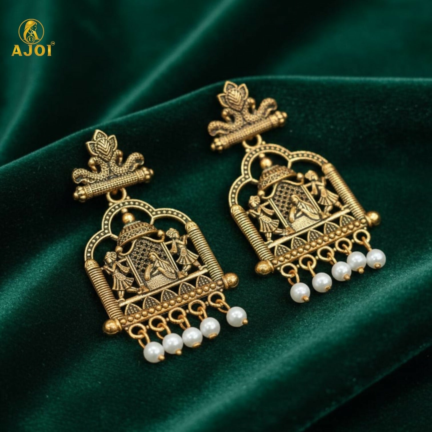 Royal Doli Motif Temple Earrings – Gold-Tone with Pearl Danglers