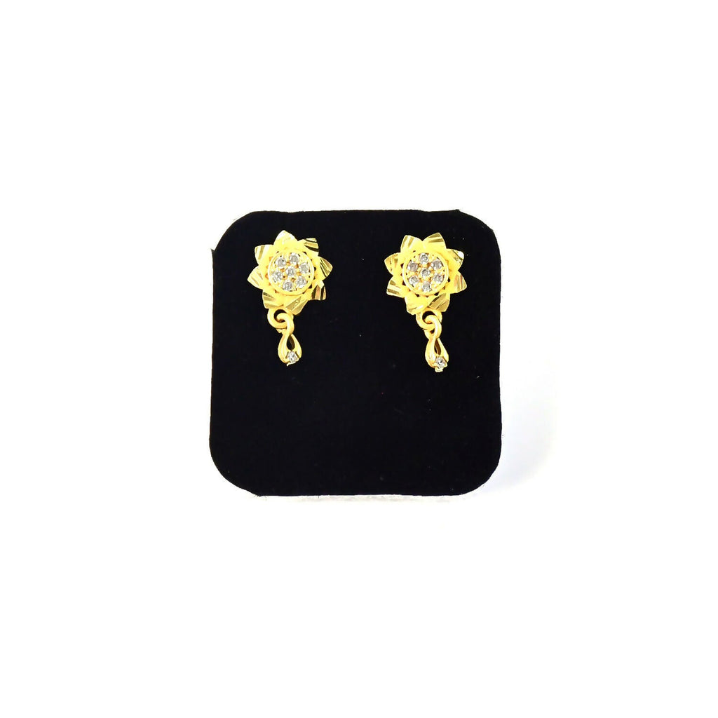 Gold Finish Drop Earrings – Floral Design with Sparkling Stones