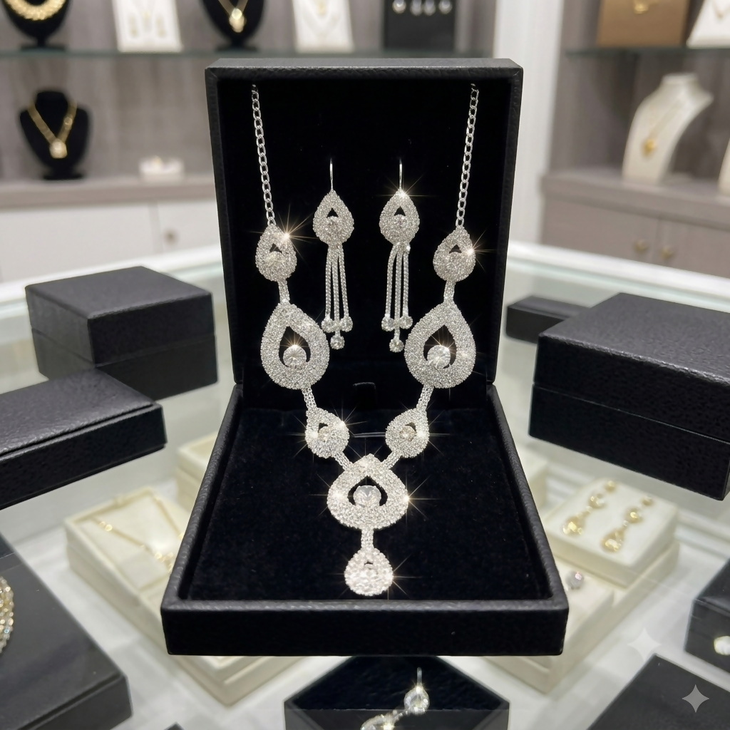 Elegant Silver Plated American Diamond Choker Necklace and Earrings Set for Women and Girls