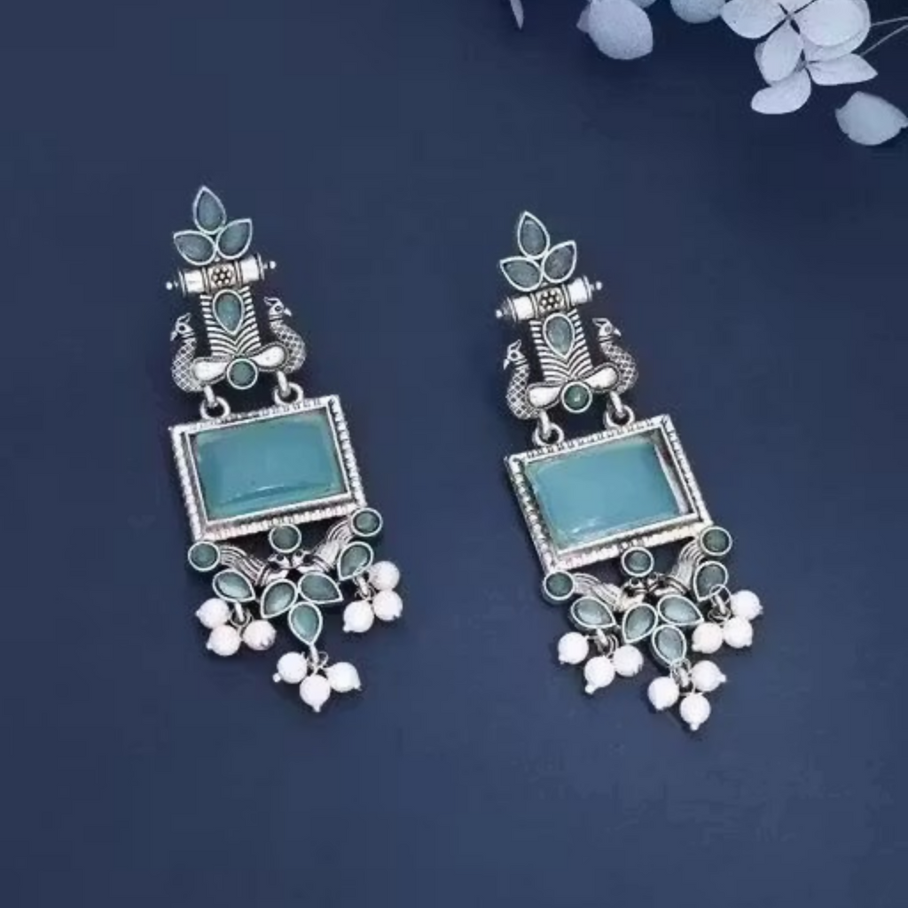 Oxidized Silver Earrings – Blue Stone & Pearl Drop