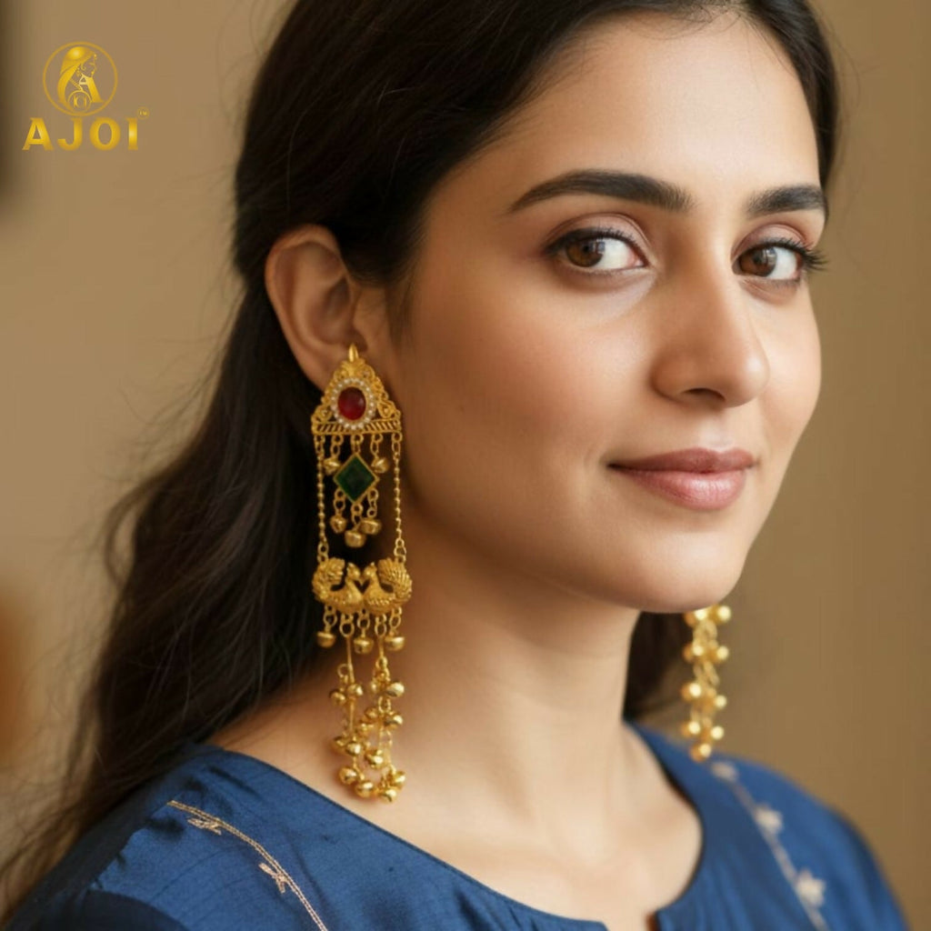 Kashmiri Peacock Jhumka Earrings – Royal Red & Green Stones