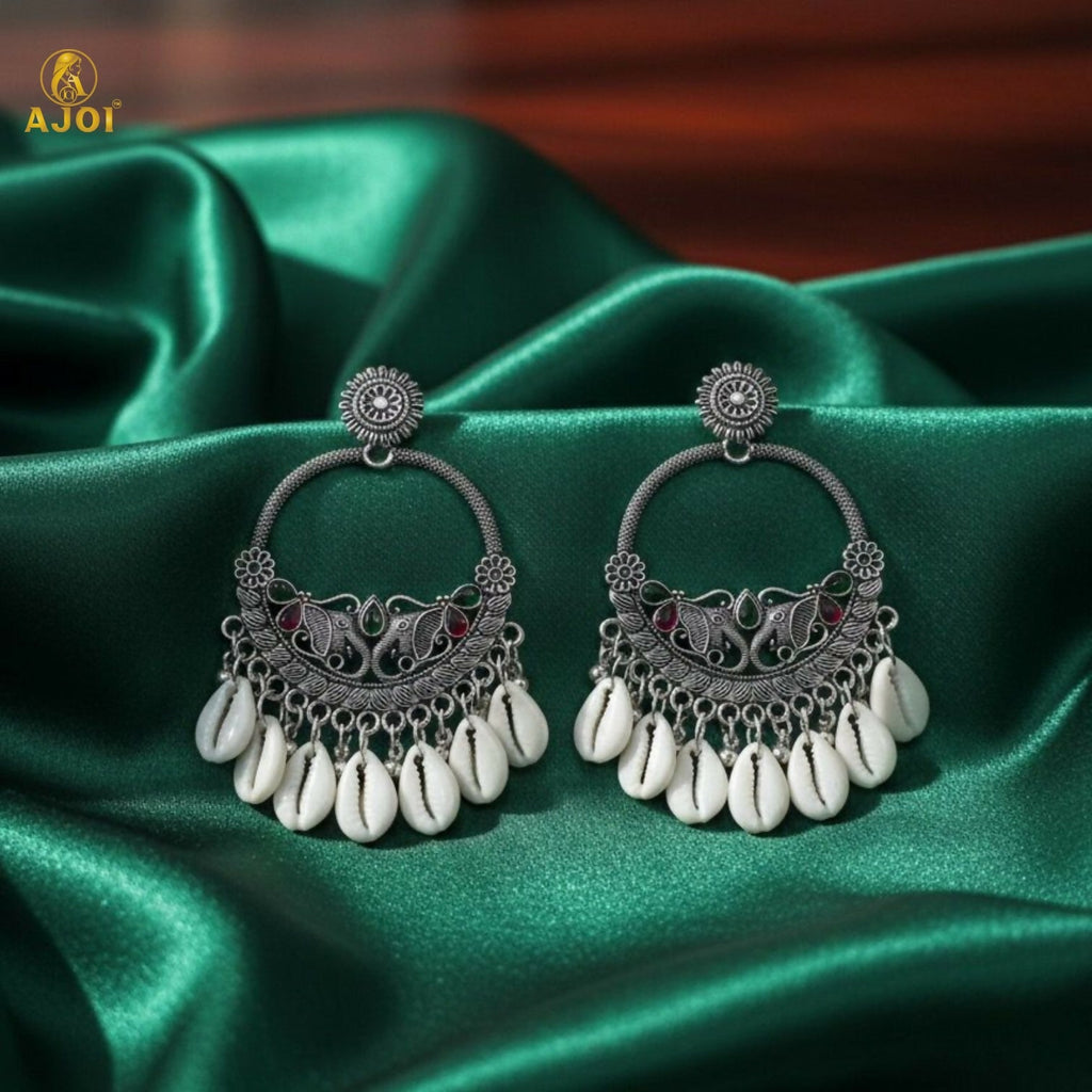 Oxidized Silver Shell Chandbali Earrings – Handcrafted Royal Motifs