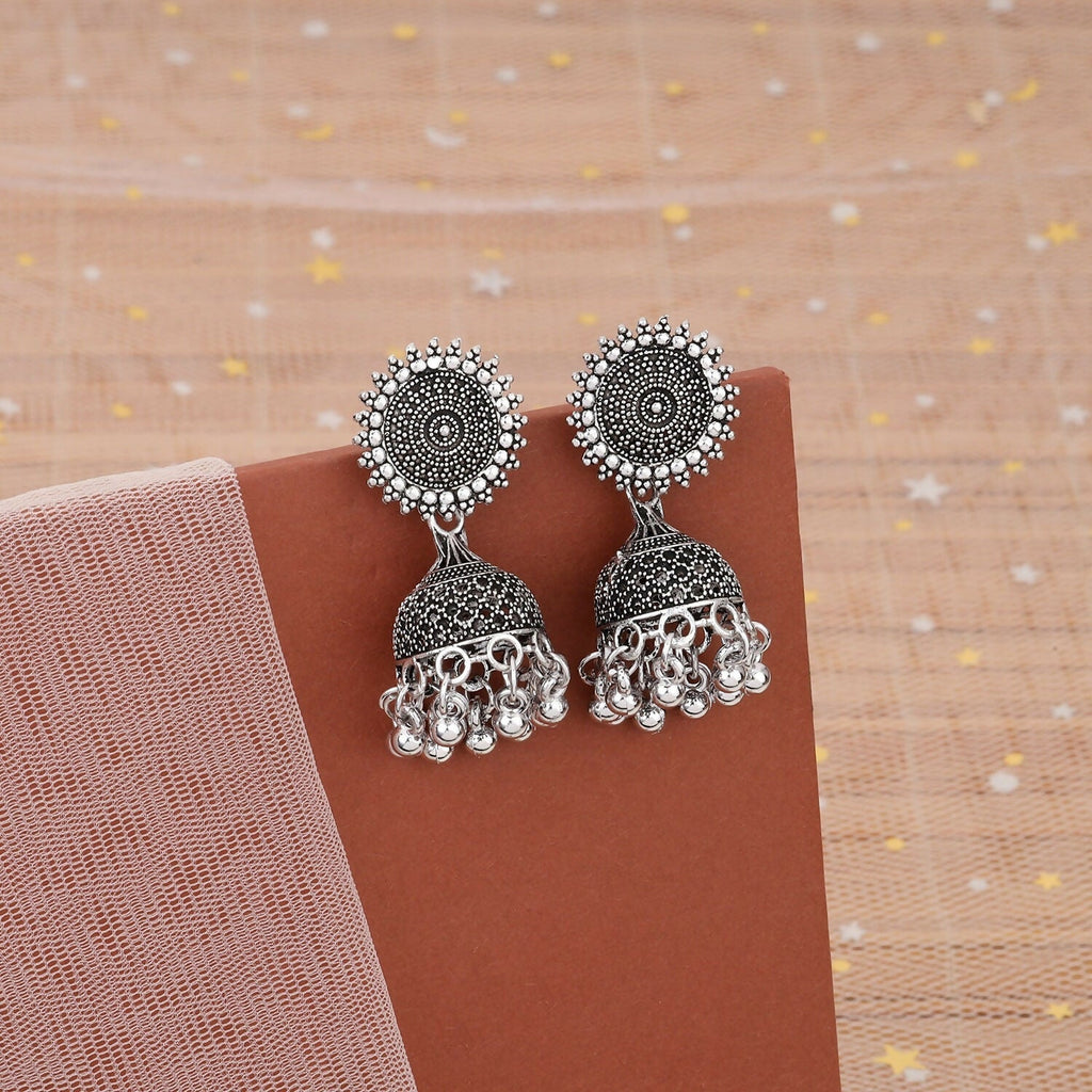Oxidised Silver Jhumka Earrings – Classic Round Stud Design