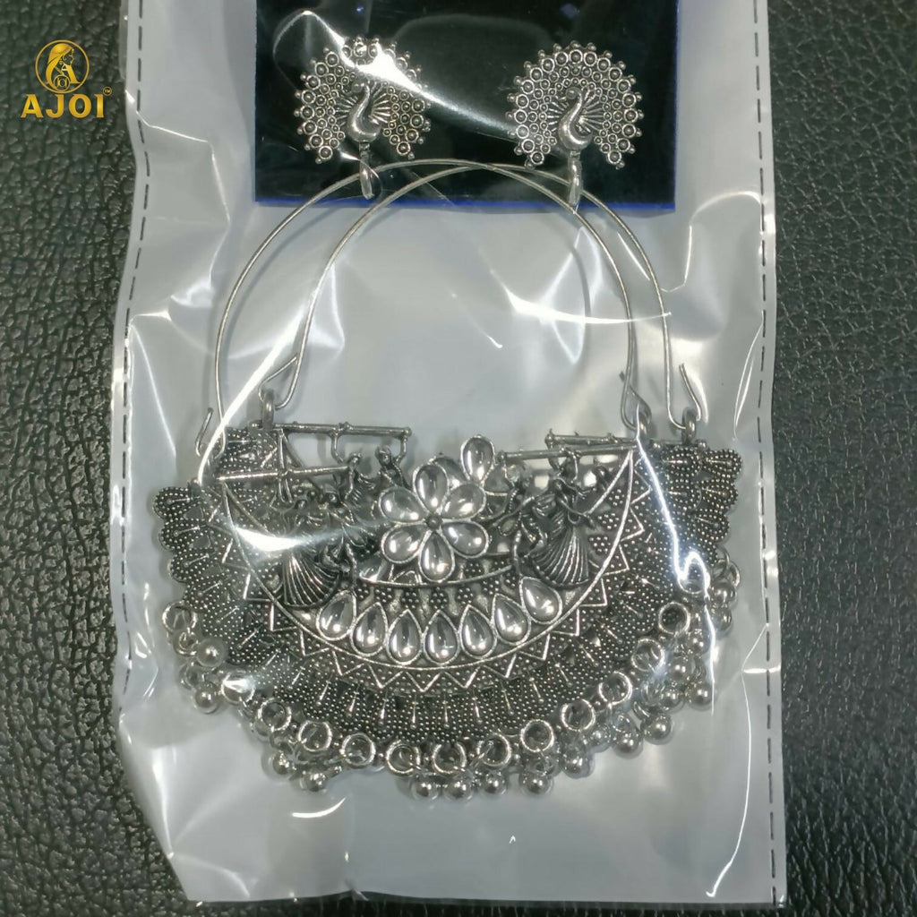 Oxidized Silver Peacock Arch Earrings – Intricate Handcrafted Detailing