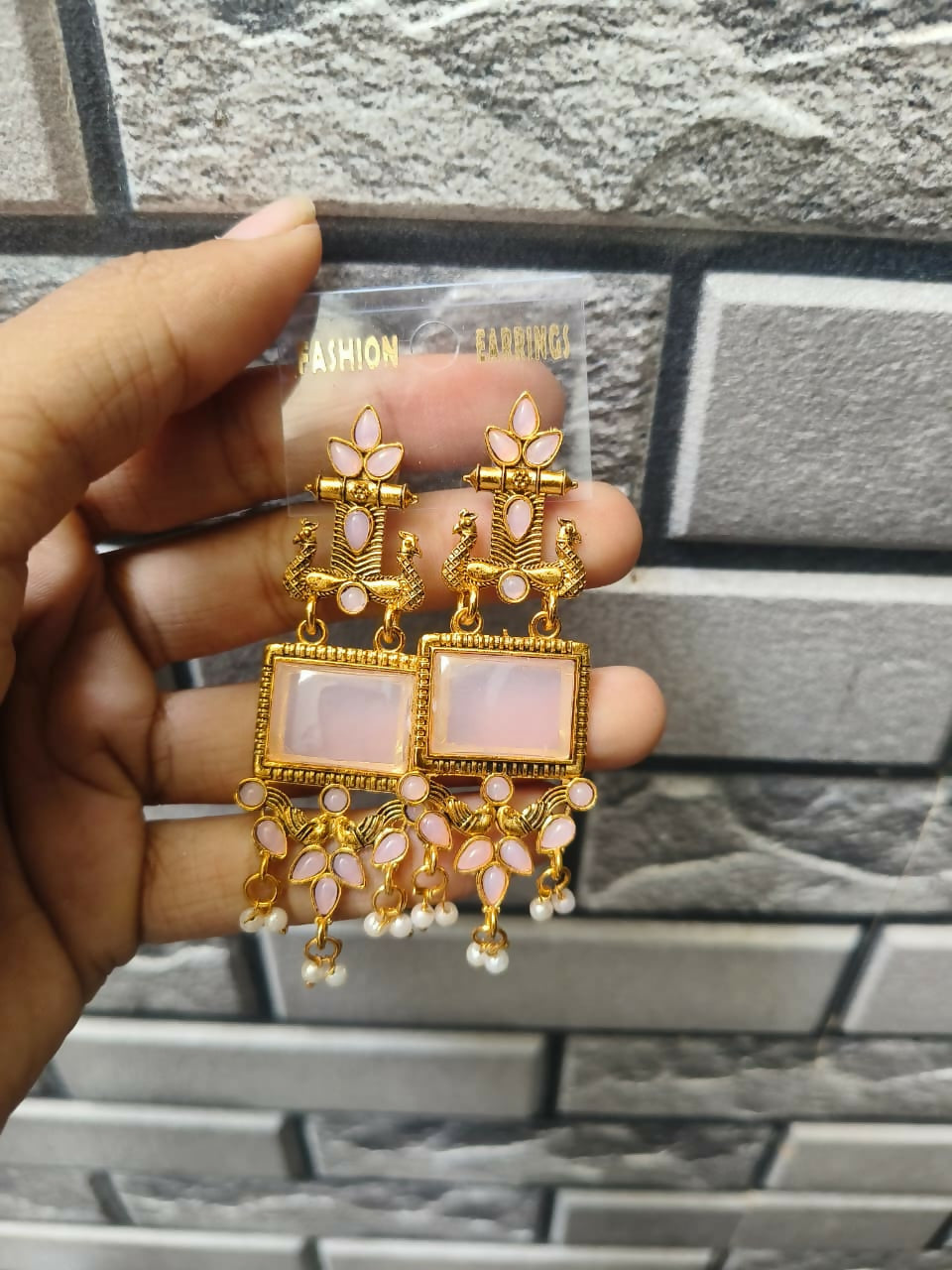 Oxidised Chandbali Earrings – Pink Stone Peacock Design for Women