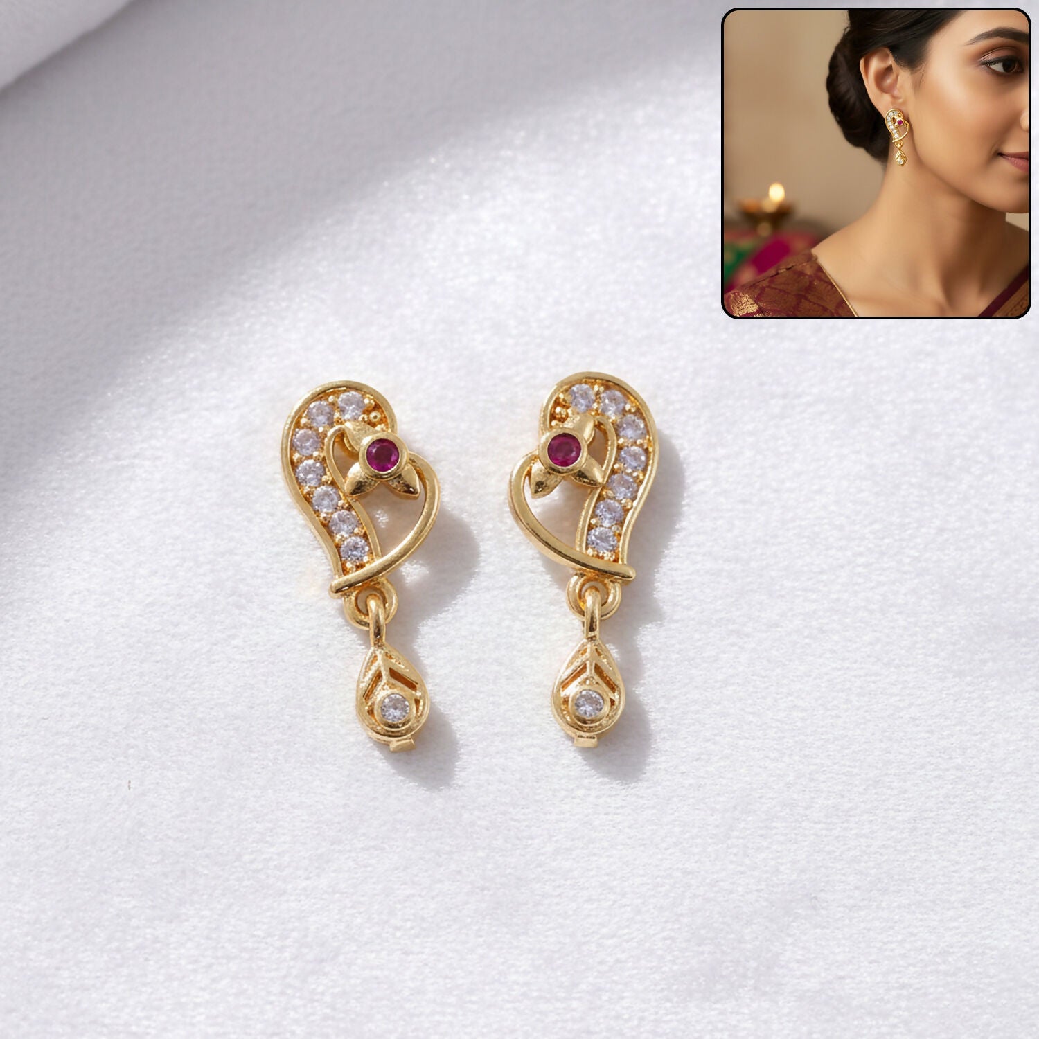 Gold Paisley Drop Earrings with Ruby Accent – Elegant Festive Jewellery
