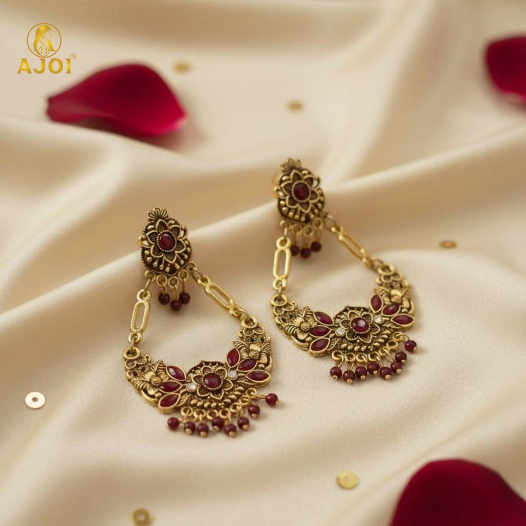 Maroon Floral Chandbali Earrings – Vintage Ethnic Elegance