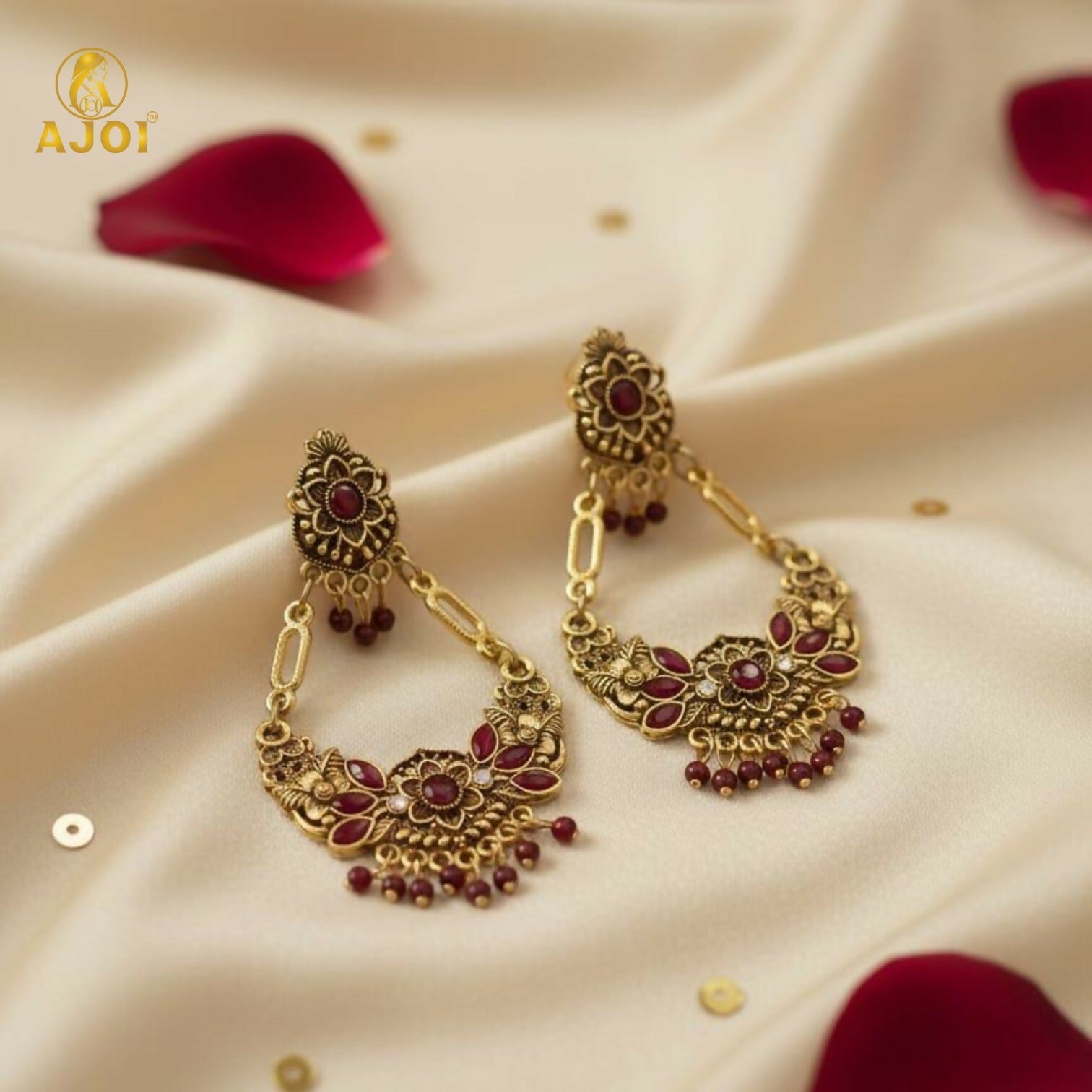 Maroon Floral Chandbali Earrings – Vintage Ethnic Elegance